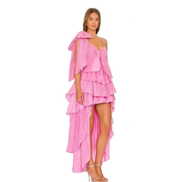 $795 LoveShackFancy Pink Raylene Tiered Pleated Bow High Low Maxi Dress 6 - Picture 5 of 16